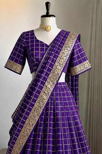 Wine Viscose Georgette Zari Weaving Border Lehenga Choli with Dupatta- full stitched free size