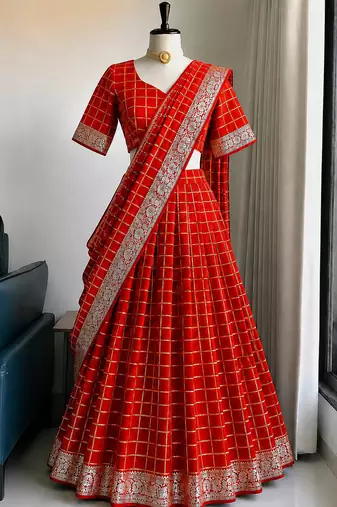 Red Viscose Georgette Zari Weaving Border Lehenga Choli with Dupatta- full stitched free size