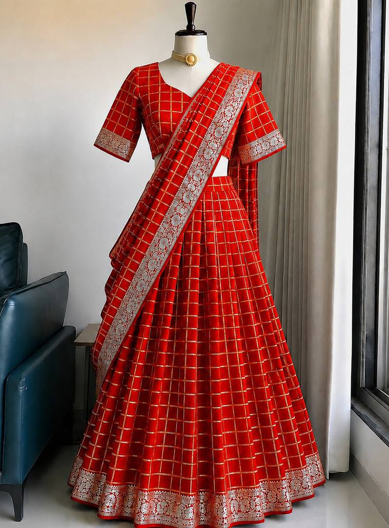 Red Viscose Georgette Zari Weaving Border Lehenga Choli with Dupatta- full stitched free size