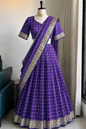 Purple Viscose Georgette Zari Weaving Border Lehenga Choli with Dupatta- full stitched free size