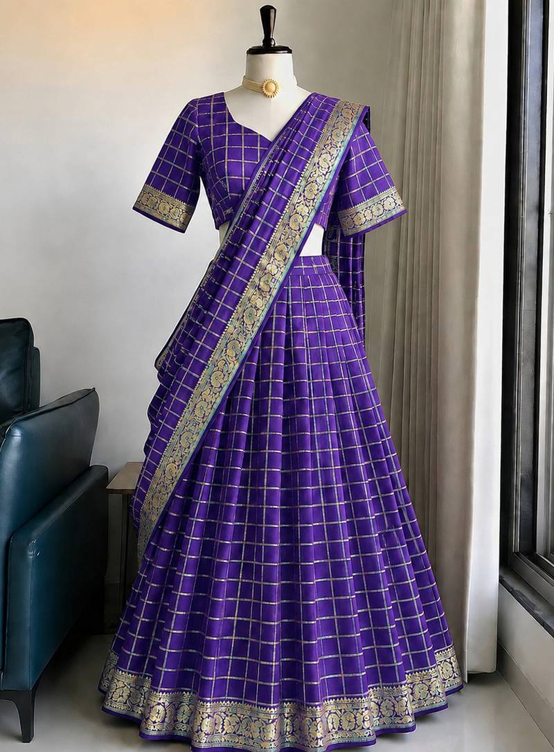 Purple Viscose Georgette Zari Weaving Border Lehenga Choli with Dupatta- full stitched free size