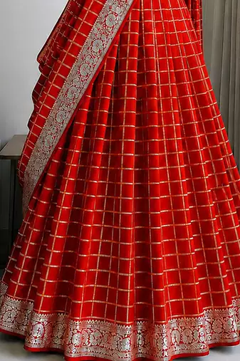Red Viscose Georgette Zari Weaving Border Lehenga Choli with Dupatta- full stitched free size