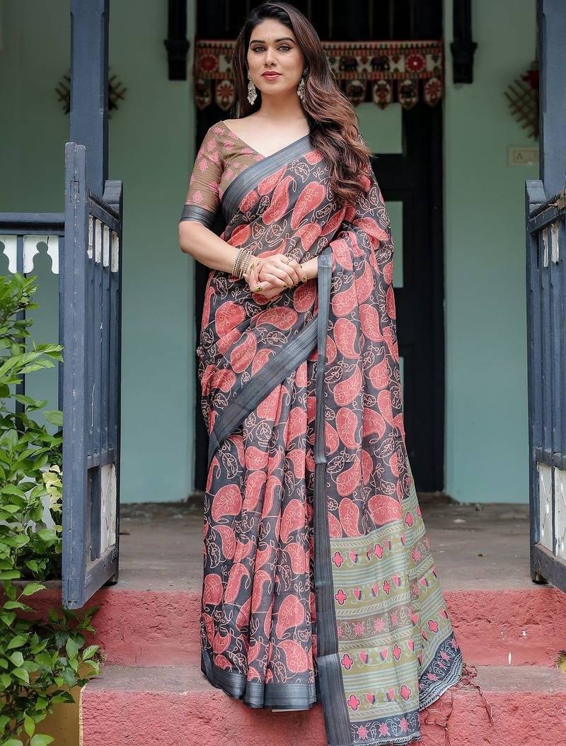 grey paisley pure cotton saree