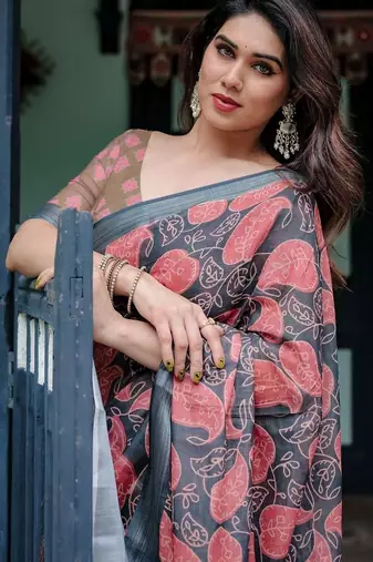 grey paisley pure cotton saree