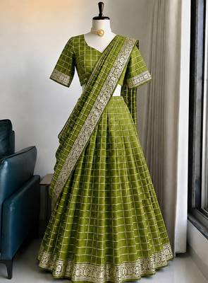 Pista Viscose Georgette Zari Weaving Border Lehenga Choli with Dupatta- full stitched free size 1
