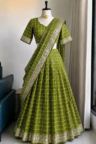 Pista Viscose Georgette Zari Weaving Border Lehenga Choli with Dupatta- full stitched free size