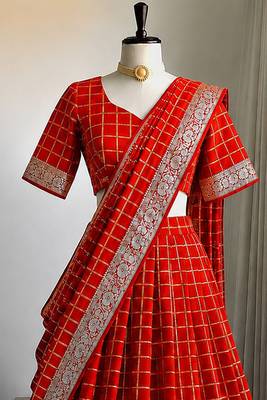 Red Viscose Georgette Zari Weaving Border Lehenga Choli with Dupatta- full stitched free size 3