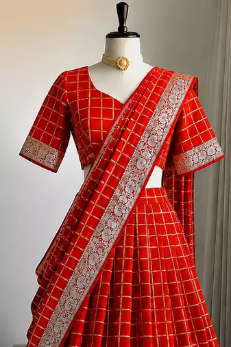 Red Viscose Georgette Zari Weaving Border Lehenga Choli with Dupatta- full stitched free size