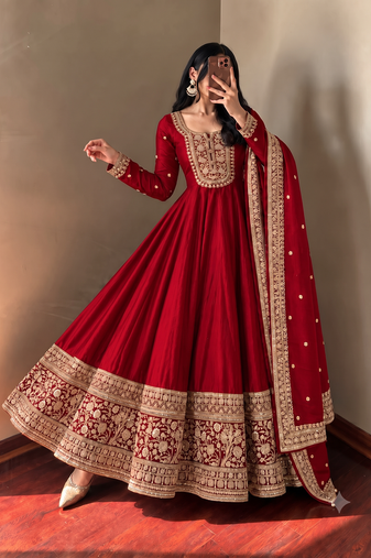 Women's red heavy zari & sequins work anarkali suit set with straight pant and embroidered dupatta