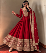Women's red heavy zari & sequins work anarkali suit set with straight pant and embroidered dupatta