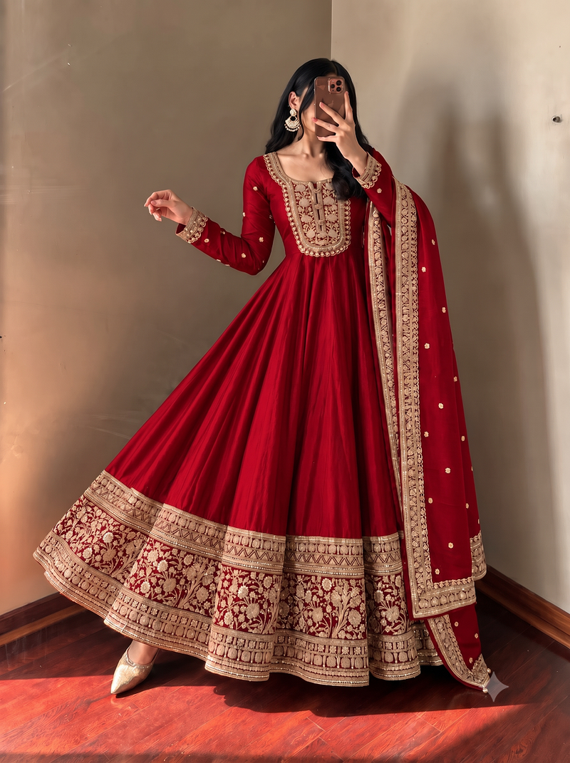Women's red heavy zari & sequins work anarkali suit set with straight pant and embroidered dupatta