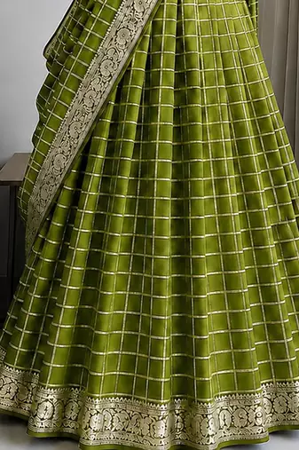 Pista Viscose Georgette Zari Weaving Border Lehenga Choli with Dupatta- full stitched free size