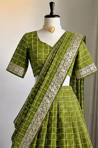 Pista Viscose Georgette Zari Weaving Border Lehenga Choli with Dupatta- full stitched free size