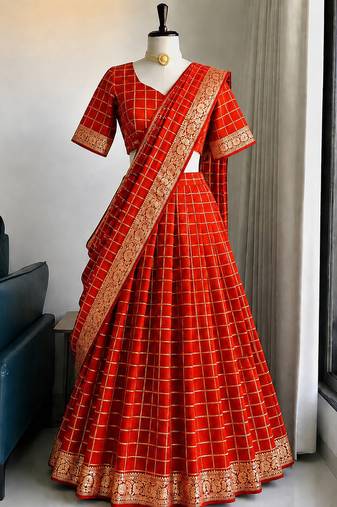 Orange Viscose Georgette Zari Weaving Border Lehenga Choli with Dupatta- full stitched free size