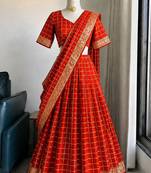 Orange Viscose Georgette Zari Weaving Border Lehenga Choli with Dupatta- full stitched free size