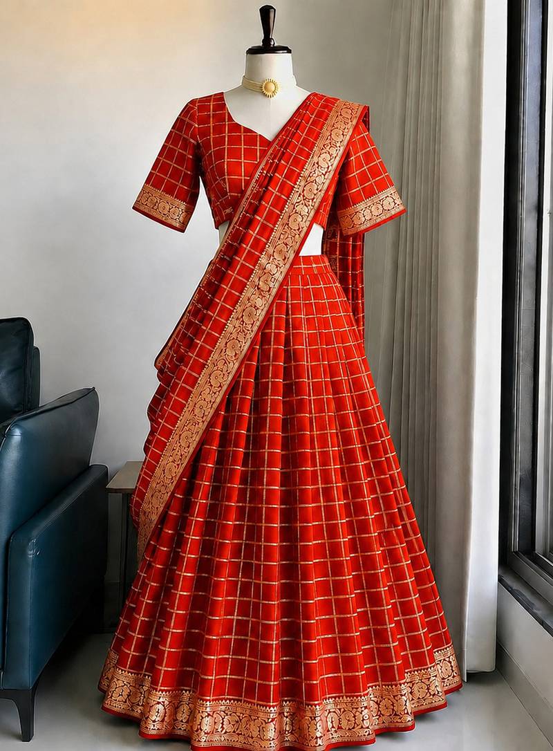 Orange Viscose Georgette Zari Weaving Border Lehenga Choli with Dupatta- full stitched free size