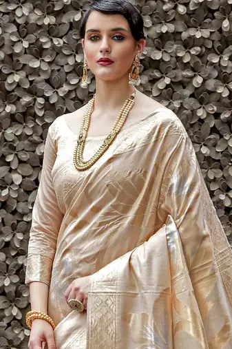 cream cream & gold woven design zari banarasi saree