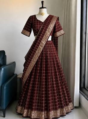 Maroon Viscose Georgette Zari Weaving Border Lehenga Choli with Dupatta- full stitched free size 1