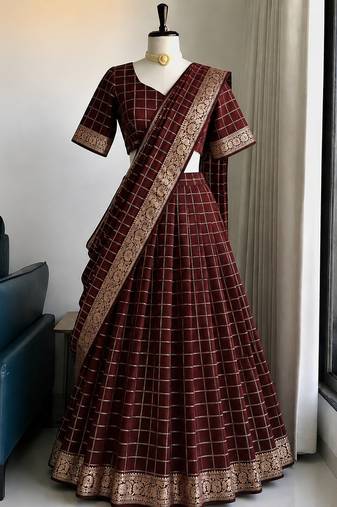 Maroon Viscose Georgette Zari Weaving Border Lehenga Choli with Dupatta- full stitched free size