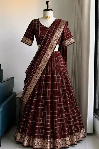 Maroon Viscose Georgette Zari Weaving Border Lehenga Choli with Dupatta- full stitched free size