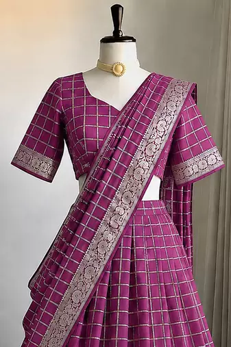 Pink Viscose Georgette Zari Weaving Border Lehenga Choli with Dupatta- full stitched free size