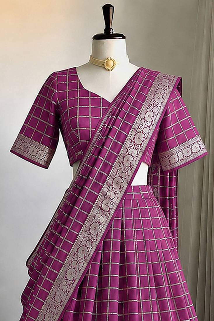 Pink Viscose Georgette Zari Weaving Border Lehenga Choli with Dupatta- full stitched free size
