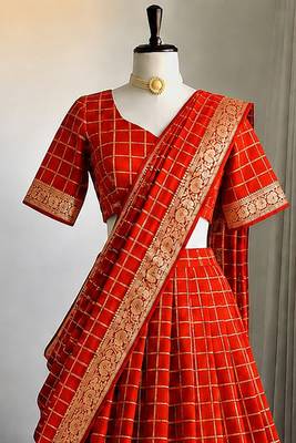 Orange Viscose Georgette Zari Weaving Border Lehenga Choli with Dupatta- full stitched free size 3