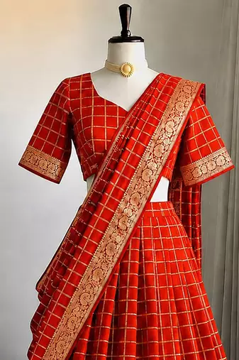 Orange Viscose Georgette Zari Weaving Border Lehenga Choli with Dupatta- full stitched free size