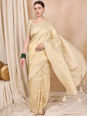 cream woven design zari kanjeevaram saree 1
