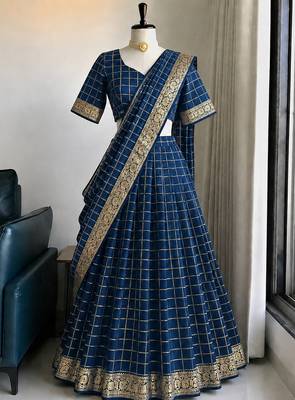 Blue Viscose Georgette Zari Weaving Border Lehenga Choli with Dupatta- full stitched free size 1