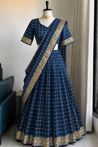 Blue Viscose Georgette Zari Weaving Border Lehenga Choli with Dupatta- full stitched free size