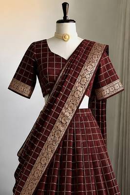 Maroon Viscose Georgette Zari Weaving Border Lehenga Choli with Dupatta- full stitched free size 3