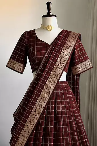 Maroon Viscose Georgette Zari Weaving Border Lehenga Choli with Dupatta- full stitched free size