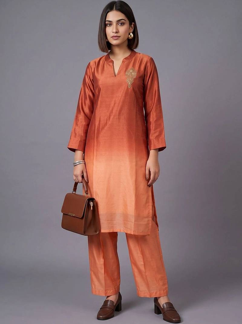 women ombre embroidered regular thread work kurta with trousers