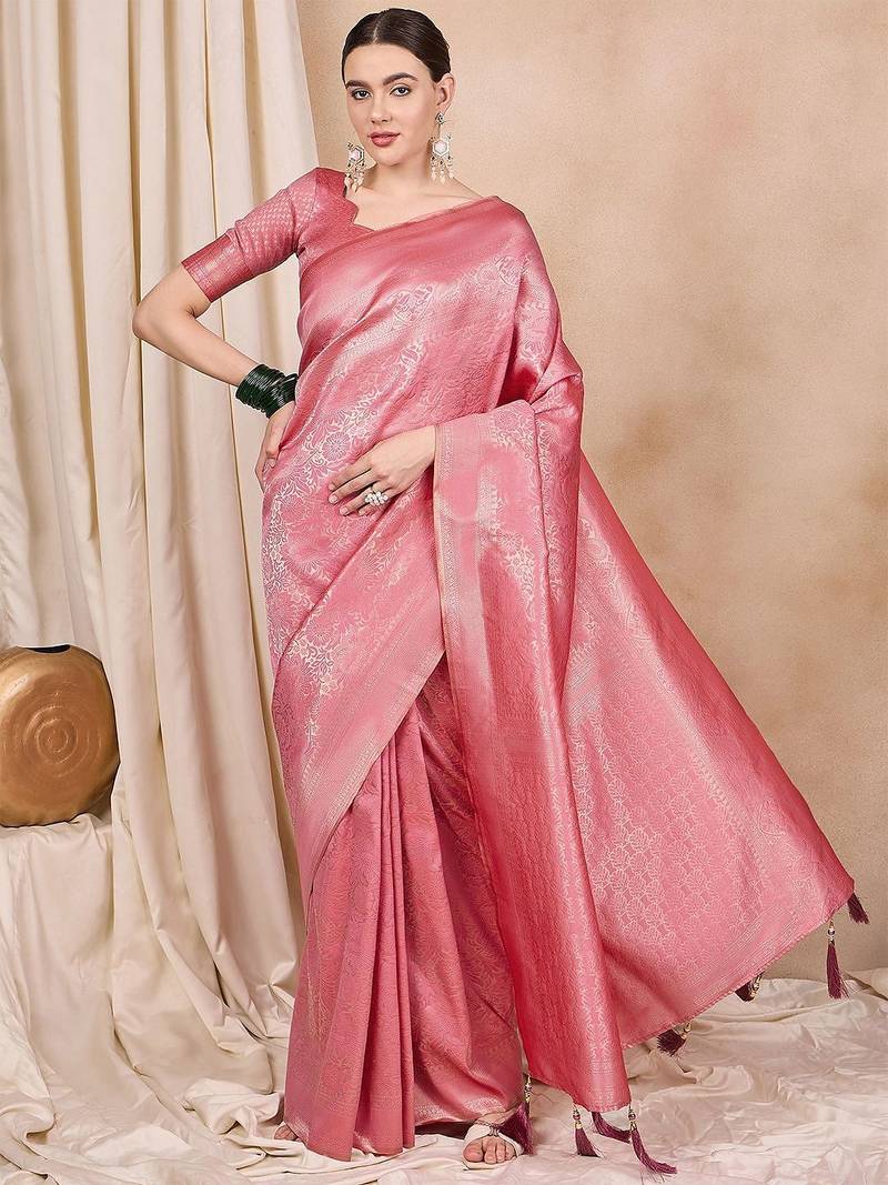 pink woven design zari kanjeevaram saree