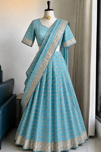 Skyblue Viscose Georgette Zari Weaving Border Lehenga Choli with Dupatta- full stitched free size