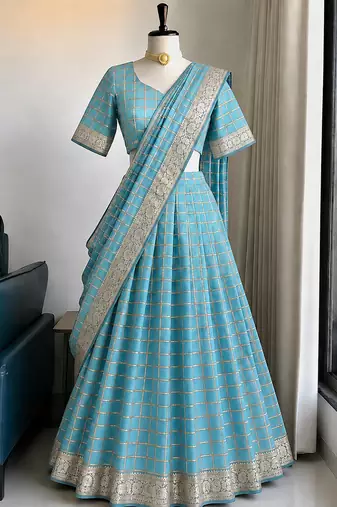Skyblue Viscose Georgette Zari Weaving Border Lehenga Choli with Dupatta- full stitched free size