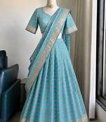 Skyblue Viscose Georgette Zari Weaving Border Lehenga Choli with Dupatta- full stitched free size