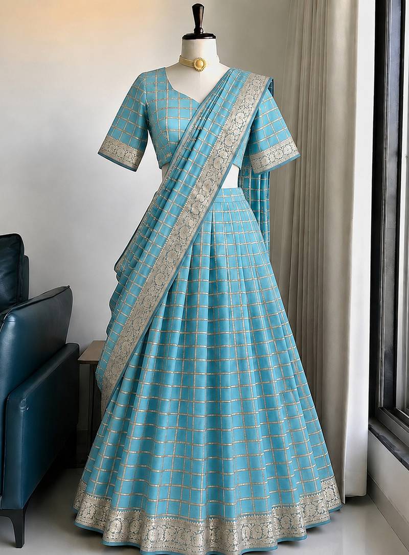 Skyblue Viscose Georgette Zari Weaving Border Lehenga Choli with Dupatta- full stitched free size