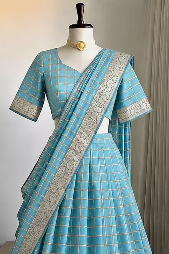 Skyblue Viscose Georgette Zari Weaving Border Lehenga Choli with Dupatta- full stitched free size