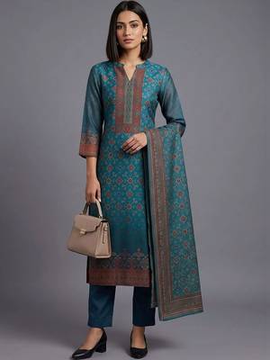 women ethnic motifs printed regular chanderi silk kurta with trousers & with dupatta 1
