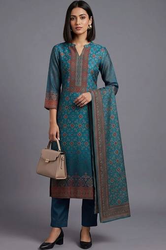 women ethnic motifs printed regular chanderi silk kurta with trousers & with dupatta