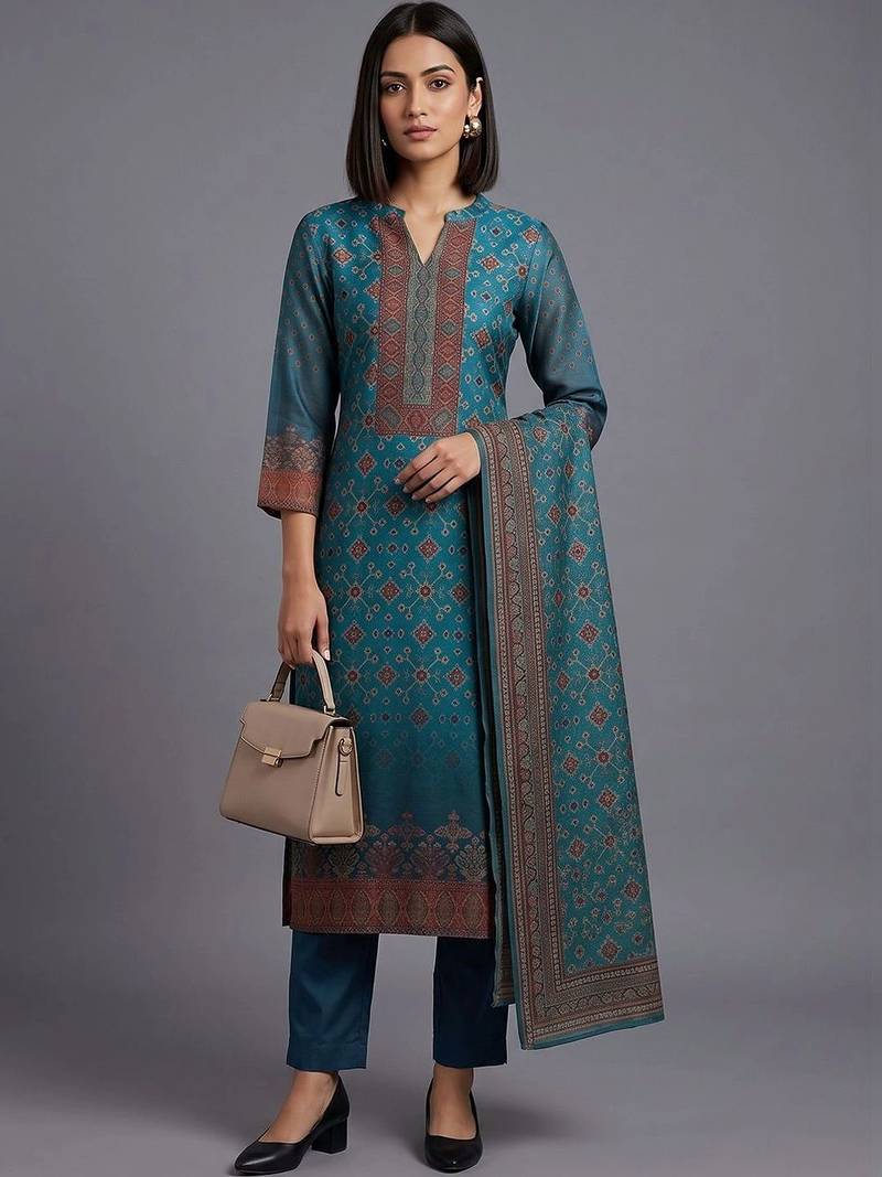 women ethnic motifs printed regular chanderi silk kurta with trousers & with dupatta