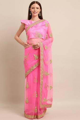 pink floral embroidered georgette saree