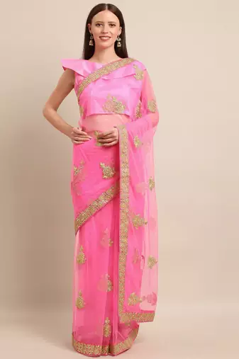 pink floral embroidered georgette saree