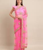 pink floral embroidered georgette saree