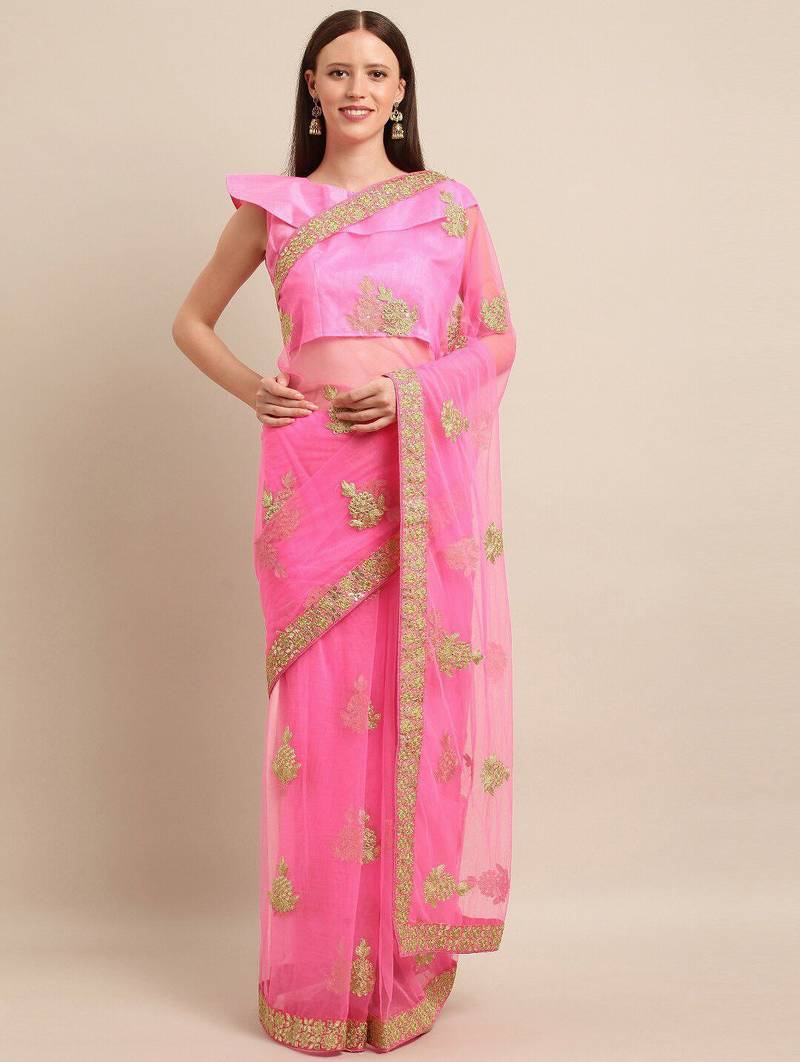 pink floral embroidered georgette saree