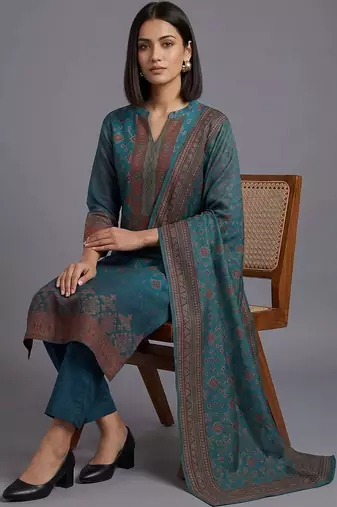 women ethnic motifs printed regular chanderi silk kurta with trousers & with dupatta