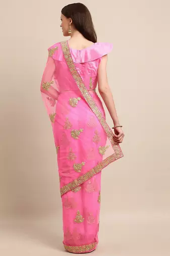 pink floral embroidered georgette saree