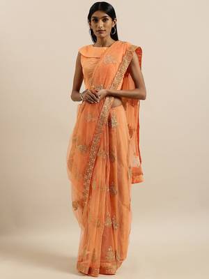 peach embellished embroidered georgette saree 1